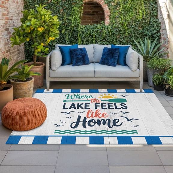 Outdoor Rug, Summer Ocean Wavy Retro Plank Indoor Area Rug Outdoor Carpet RV Camping Rugs 4x6ft Lake Feels like Home Quote Outside Mat for Patio Picnic Porch Deck Balcony Backyard