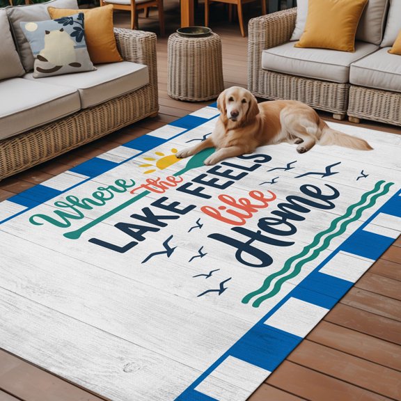 Outdoor Rug, Summer Ocean Wavy Retro Plank Indoor Area Rug Outdoor Carpet RV Camping Rugs 6x9ft Lake Feels like Home Quote Outside Mat for Patio Picnic Porch Deck Balcony Backyard