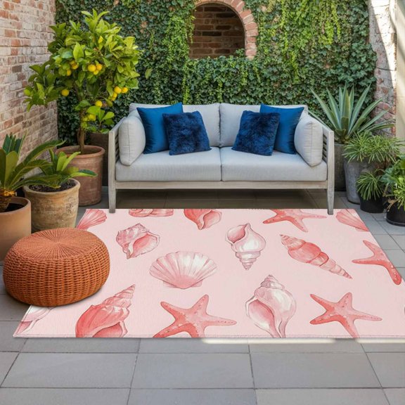 Outdoor Rug, Summer Pink Conch Shell Starfish Indoor Area Rug Outdoor Carpet RV Camping Rugs 4x6ft Coastal Ocean Creature Outside Mat for Patio Picnic Porch Deck Balcony Backyard