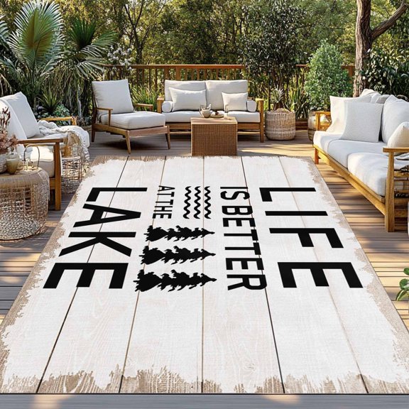 Outdoor Rug, Summer Quotes Lake and Forest Indoor Area Rug Outdoor Carpet RV Camping Rugs 3x5ft Farm Wooden Frain Outside Mat for Patio Picnic Porch Deck Balcony Backyard