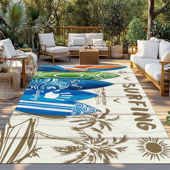 Outdoor Rug, Summer Surfing Beach Tropical Palm Tree Indoor Area Rug Outdoor Carpet RV Camping Rugs 3x5ft Rustic Wooden Plank Outside Mat for Patio Picnic Porch Deck Balcony Backyard