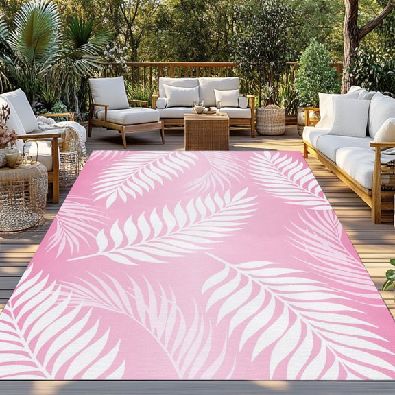 Outdoor Rug, Summer Tropical Botanical Indoor Area Rug Outdoor Carpet RV Camping Rugs 3x5ft Feather Palm Fronds on Pink Outside Mat for Patio Picnic Porch Deck Balcony Backyard