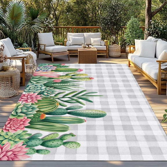 Outdoor Rug, Summer Tropical Cactus Indoor Area Rug Outdoor Carpet RV Camping Rugs 3x5ft Green Pink Plant Gray Buffalo Plaid Outside Mat for Patio Picnic Porch Deck Balcony Backyard
