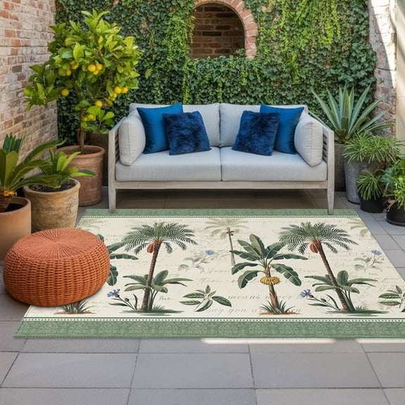 Outdoor Rug, Summer Tropical Palm Tree Indoor Area Rug Outdoor Carpet RV Camping Rugs 4x6ft Green Border Weathered Textures Outside Mat for Patio Picnic Porch Deck Balcony Backyard