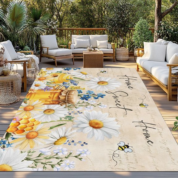Outdoor Rug, Sweet Home Words Farm Bees Indoor Area Rug Outdoor Carpet RV Camping Rugs 3x5ft Farmhouses Wildflowers Daisy Outside Mat for Patio Picnic Porch Deck Balcony Backyard