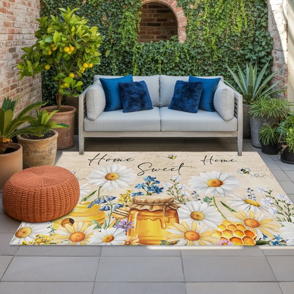 Outdoor Rug, Sweet Home Words Farm Bees Indoor Area Rug Outdoor Carpet RV Camping Rugs 4x6ft Farmhouses Wildflowers Daisy Outside Mat for Patio Picnic Porch Deck Balcony Backyard