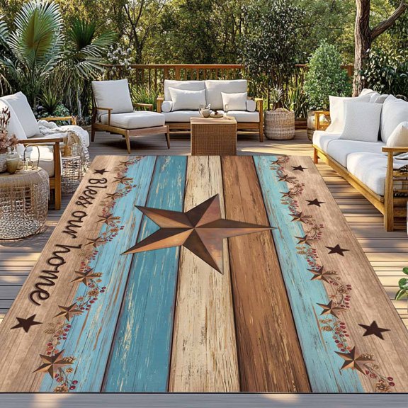 Outdoor Rug, Teal Wood Grain Western Star Indoor Area Rug Outdoor Carpet RV Camping Rugs 3x5ft Farm Plank Seamless Outside Mat for Patio Picnic Porch Deck Balcony Backyard