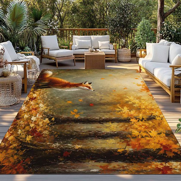 Outdoor Rug, Thanksgiving Autumn Maple Leaves Indoor Area Rug Outdoor Carpet RV Camping Rugs 3x5ft Fall Sitting Fox Outside Mat for Patio Picnic Porch Deck Balcony Backyard