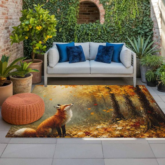 Outdoor Rug, Thanksgiving Autumn Maple Leaves Indoor Area Rug Outdoor Carpet RV Camping Rugs 4x6ft Fall Sitting Fox Outside Mat for Patio Picnic Porch Deck Balcony Backyard