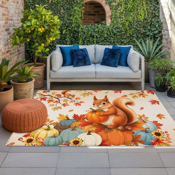 Outdoor Rug, Thanksgiving Cartoon Red Squirrel Indoor Area Rug Outdoor Carpet RV Camping Rugs 4x6ft Harvest Pumpkins Outside Mat for Patio Picnic Porch Deck Balcony Backyard