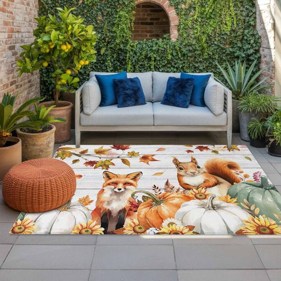 Outdoor Rug, Thanksgiving Farmhouse Pumpkin Indoor Area Rug Outdoor Carpet RV Camping Rugs 4x6ft Fox Squirrel on Wood Outside Mat for Patio Picnic Porch Deck Balcony Backyard