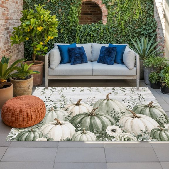 Outdoor Rug, Thanksgiving Green White Pumpkins Indoor Area Rug Outdoor Carpet RV Camping Rugs 4x6ft Eucalyptus Vines Outside Mat for Patio Picnic Porch Deck Balcony Backyard