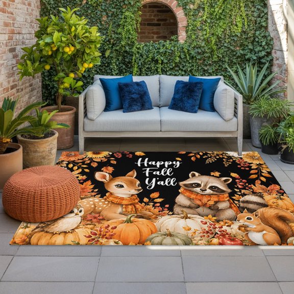 Outdoor Rug, Thanksgiving Pumpkin Fall Leaf Indoor Area Rug Outdoor Carpet RV Camping Rugs 4x6ft Rustic Deer Raccoon Squirrel Owl Outside Mat for Patio Picnic Porch Deck Balcony Backyard