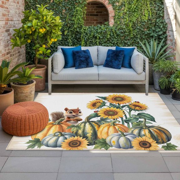 Outdoor Rug, Thanksgiving Pumpkin Sunflower Watercolor Indoor Area Rug Outdoor Carpet RV Camping Rugs 4x6ft Squirrel Cute Animal Outside Mat for Patio Picnic Porch Deck Balcony Backyard