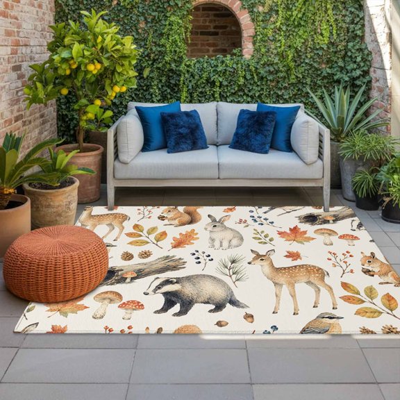 Outdoor Rug, Thanksgiving Rabbit Deer Squirrel Indoor Area Rug Outdoor Carpet RV Camping Rugs 4x6ft Fall Maple Leaves Outside Mat for Patio Picnic Porch Deck Balcony Backyard