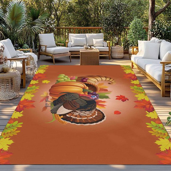 Outdoor Rug, Thanksgiving Turkey Pumpkin Cornucopia Indoor Area Rug Outdoor Carpet RV Camping Rugs 3x5ft Autumn Maple Leaves Outside Mat for Patio Picnic Porch Deck Balcony Backyard