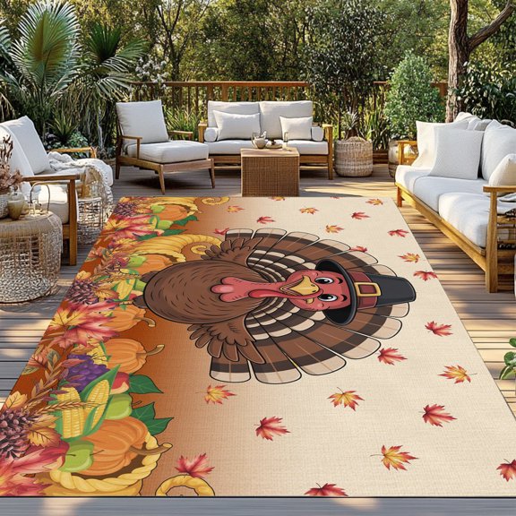 Outdoor Rug, Thanksgiving Turkey Pumpkin Cornucopia Indoor Area Rug Outdoor Carpet RV Camping Rugs 3x5ft Fall Maple Leaves Orange Outside Mat for Patio Picnic Porch Deck Balcony Backyard