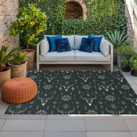 Outdoor Rug, Tribal Bull Skull Arrow Dark Gray Indoor Area Rug Outdoor Carpet RV Camping Rugs 4x6ft Western Geometric Pattern Outside Mat for Patio Picnic Porch Deck Balcony Backyard