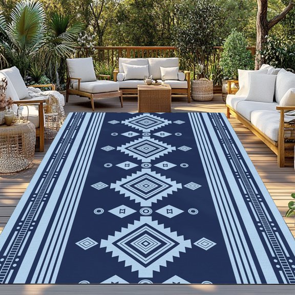 Outdoor Rug, Tribal Geometric Blue Stripes Indoor Area Rug Outdoor Carpet RV Camping Rugs 3x5ft Retro Boho Striped Outside Mat for Patio Picnic Porch Deck Balcony Backyard