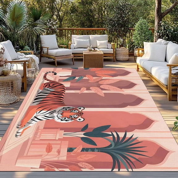 Outdoor Rug, Tropical Animals Bengal Tiger Indoor Area Rug Outdoor Carpet RV Camping Rugs 3x5ft Boho Arched Windows Outside Mat for Patio Picnic Porch Deck Balcony Backyard