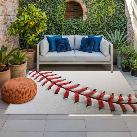 Outdoor Rug, USA Baseball Red Needle Stripe Indoor Area Rug Outdoor Carpet RV Camping Rugs 4x6ft Sports White Back Outside Mat for Patio Picnic Porch Deck Balcony Backyard