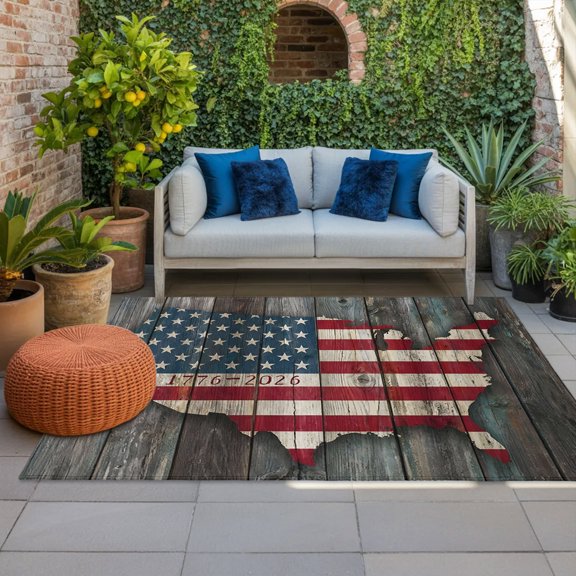 Outdoor Rug, Vintage American Flag Map Indoor Area Rug Outdoor Carpet RV Camping Rugs 4x6ft 4th of July Retro Wood Board Outside Mat for Patio Picnic Porch Deck Balcony Backyard