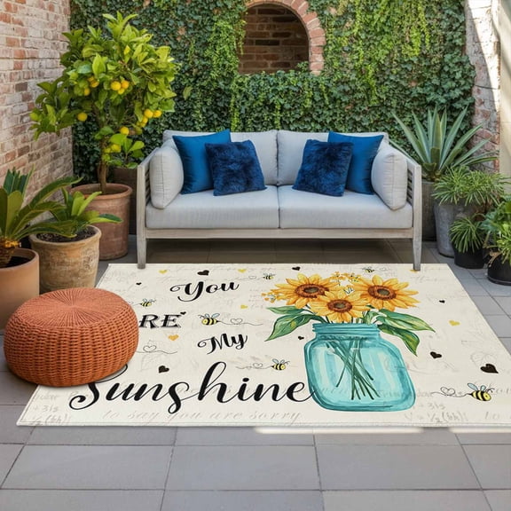 Outdoor Rug, Vintage American Pastoral Sunflower on Vase Indoor Area Rug Outdoor Carpet RV Camping Rugs 4x6ft Sunshine Quotes Outside Mat for Patio Picnic Porch Deck Balcony Backyard