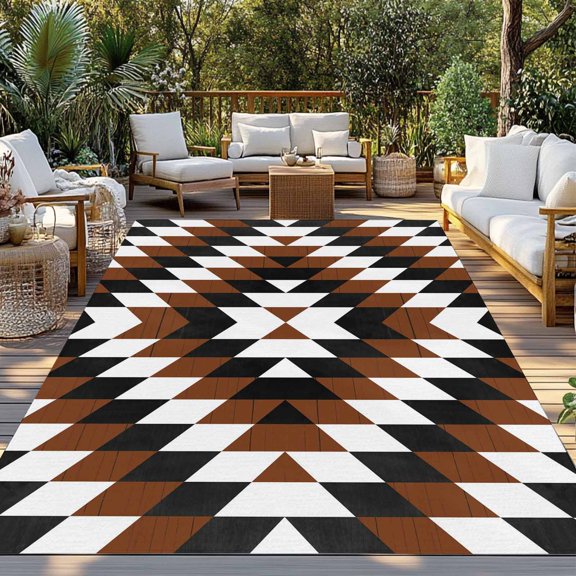 Outdoor Rug, Vintage Aztec Pattern Indoor Area Rug Outdoor Carpet RV Camping Rugs 3x5ft Abstract Black Brown Geometric Art Outside Mat for Patio Picnic Porch Deck Balcony Backyard