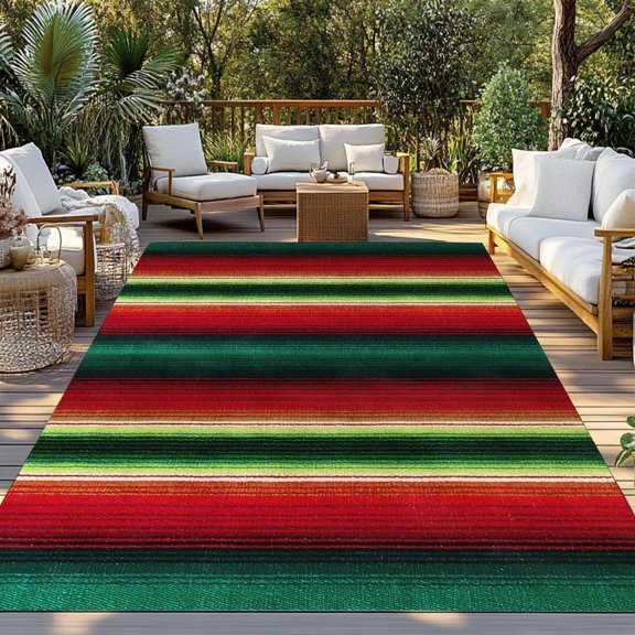 Outdoor Rug, Vintage Boho Stripe Indoor Area Rug Outdoor Carpet RV Camping Rugs 3x5ft Forest Green and Red Stripes Outside Mat for Patio Picnic Porch Deck Balcony Backyard