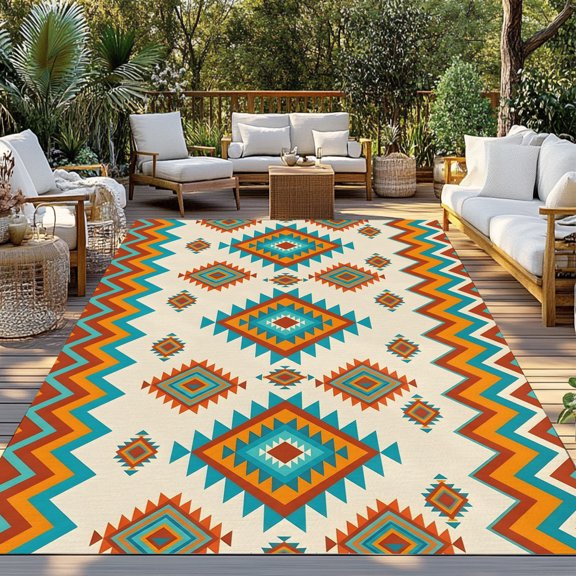 Outdoor Rug, Vintage Ethnic Geometric Art Indoor Area Rug Outdoor Carpet RV Camping Rugs 3x5ft Tribal Herringbone Texture Outside Mat for Patio Picnic Porch Deck Balcony Backyard