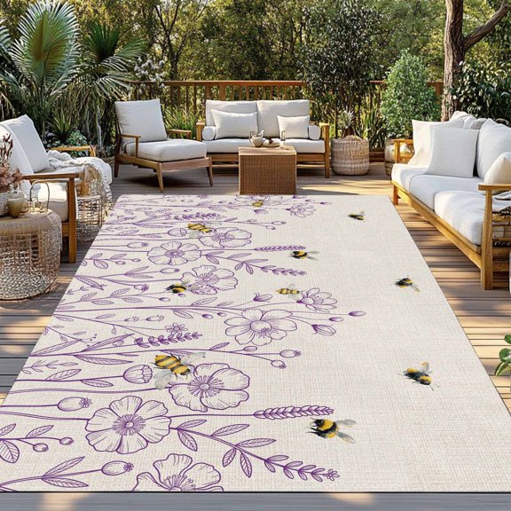 Outdoor Rug, Vintage Farm Purple Flowers Indoor Area Rug Outdoor Carpet RV Camping Rugs 3x5ft Country Bees on Linen Outside Mat for Patio Picnic Porch Deck Balcony Backyard