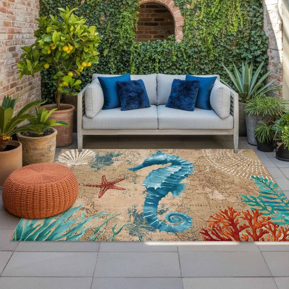 Outdoor Rug, Vintage Nautical Ocean Life Seahorse Starfish Indoor Area Rug Outdoor Carpet RV Camping Rugs 4x6ft Retro Chic Map Outside Mat for Patio Picnic Porch Deck Balcony Backyard