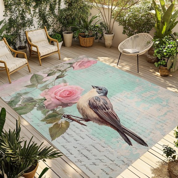 Outdoor Rug, Vintage Pink Rose Floral Bird Indoor Area Rug Outdoor Carpet RV Camping Rugs 5x8ft Retro Newspaper Mottled Texture Outside Mat for Patio Picnic Porch Deck Balcony Backyard