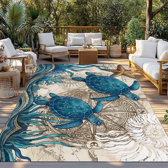 Outdoor Rug, Vintage Sea Turtle Seaweed Starfish Indoor Area Rug Outdoor Carpet RV Camping Rugs 3x5ft Compass Shell World Map Outside Mat for Patio Picnic Porch Deck Balcony Backyard
