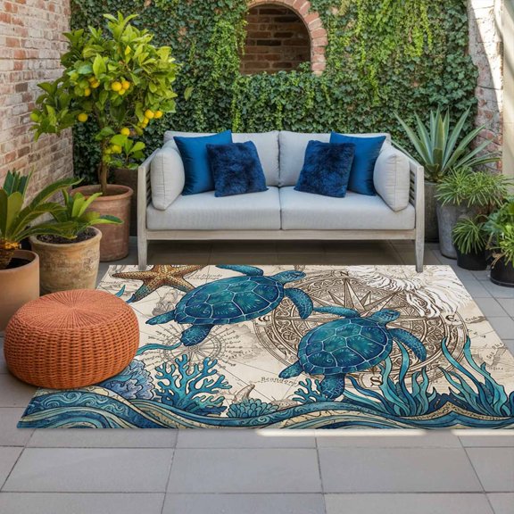 Outdoor Rug, Vintage Sea Turtle Seaweed Starfish Indoor Area Rug Outdoor Carpet RV Camping Rugs 4x6ft Compass Shell World Map Outside Mat for Patio Picnic Porch Deck Balcony Backyard