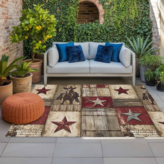 Outdoor Rug, Vintage Texas Western Country Star Indoor Area Rug Outdoor Carpet RV Camping Rugs 4x6ft Cowboy Horse Wooden Plank Outside Mat for Patio Picnic Porch Deck Balcony Backyard