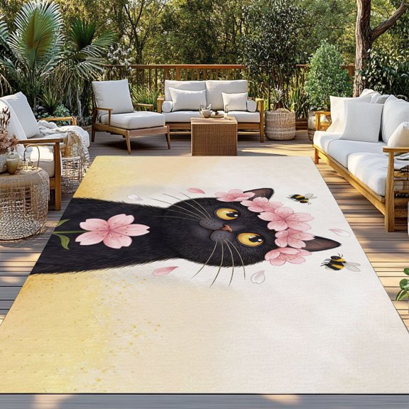 Outdoor Rug, Watercolor Black Funny Kitty Indoor Area Rug Outdoor Carpet RV Camping Rugs 3x5ft Farm Pink Flowers Bees Outside Mat for Patio Picnic Porch Deck Balcony Backyard