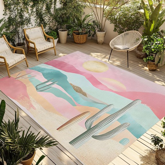 Outdoor Rug, Watercolor Cactus Desert Mountain Indoor Area Rug Outdoor Carpet RV Camping Rugs 5x8ft Modern Abstract Sun Outside Mat for Patio Picnic Porch Deck Balcony Backyard