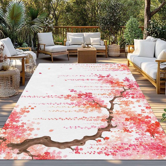 Outdoor Rug, Watercolor Cherry Blossom Indoor Area Rug Outdoor Carpet RV Camping Rugs 3x5ft Pink Coral Flower Petals Outside Mat for Patio Picnic Porch Deck Balcony Backyard