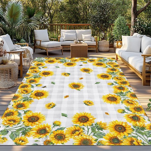 Outdoor Rug, Watercolor Farm Sunflowers Bees Indoor Area Rug Outdoor Carpet RV Camping Rugs 3x5ft Country Floral on Plaid Outside Mat for Patio Picnic Porch Deck Balcony Backyard