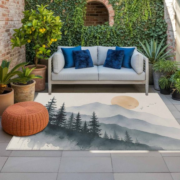 Outdoor Rug, Watercolor Mountain Sun Landscape Indoor Area Rug Outdoor Carpet RV Camping Rugs 4x6ft Misty Pine Tree Forest Outside Mat for Patio Picnic Porch Deck Balcony Backyard