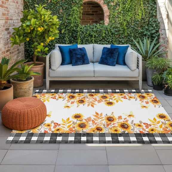 Outdoor Rug, Watercolor Sunflower Autumn Orange Leaf Indoor Area Rug Outdoor Carpet RV Camping Rugs 4x6ft Black and White Checker Outside Mat for Patio Picnic Porch Deck Balcony Backyard