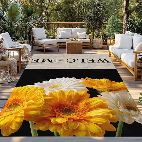 Outdoor Rug, Watercolor Yellow White Floral Indoor Area Rug Outdoor Carpet RV Camping Rugs 3x5ft Vintage Welcome Quotes Outside Mat for Patio Picnic Porch Deck Balcony Backyard