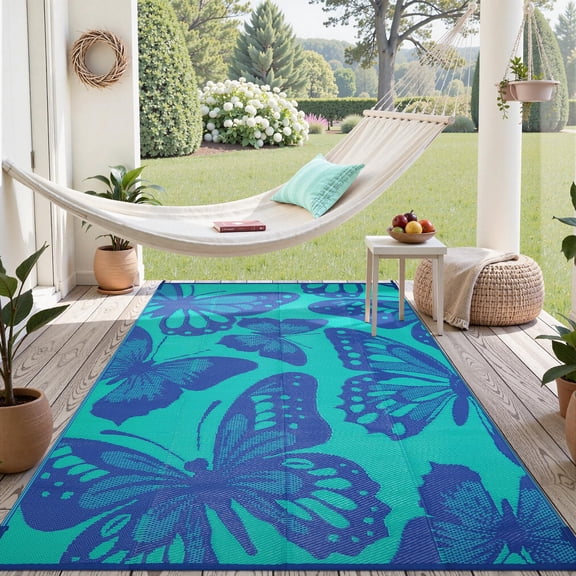 Outdoor Rug Waterproof 6x9 ft, Patio Plastic Straw Rugs for RV Camping, Reversible Butterfly Mat Outside, Indoor Outdoor Floor Carpet for Back Yard Deck Balcony Porch Beach Picnic, Yellow
