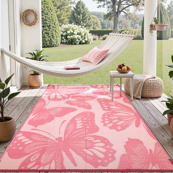 Outdoor Rug Waterproof 6x9 ft, Patio Plastic Straw Rugs for RV Camping, Reversible Butterfly Mat Outside, Indoor Outdoor Floor Carpet for Back Yard Deck Balcony Porch Beach Picnic, Yellow