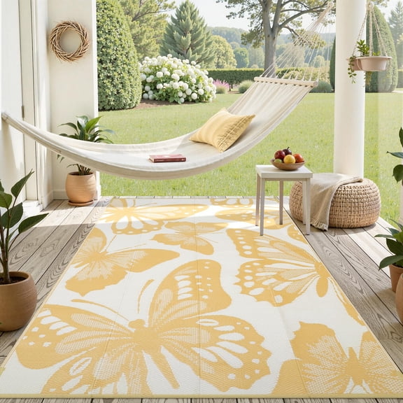 Outdoor Rug Waterproof 6x9 ft, Patio Plastic Straw Rugs for RV Camping, Reversible Butterfly Mat Outside, Indoor Outdoor Floor Carpet for Back Yard Deck Balcony Porch Beach Picnic, Yellow