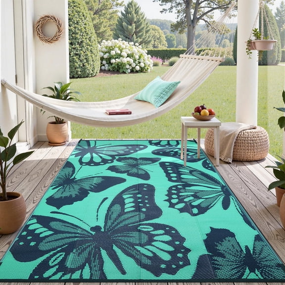 Outdoor Rug Waterproof 6x9 ft, Patio Plastic Straw Rugs for RV Camping, Reversible Butterfly Mat Outside, Indoor Outdoor Floor Carpet for Back Yard Deck Balcony Porch Beach Picnic, Yellow