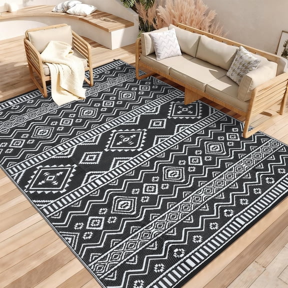 Outdoor Rug Waterproof 8x10 Reversible Outside Rug, Lightweight & Foldable Geometric Patio Carpet, Plastic Straw Indoor Outdoor Mats for Picnic Deck Balcony, Black White