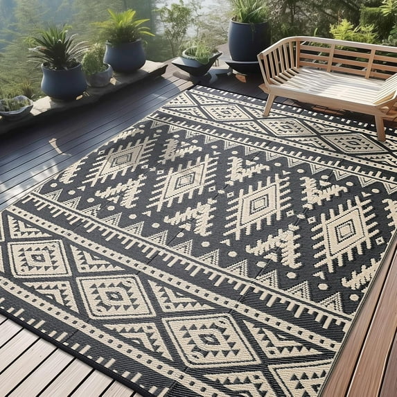 Outdoor Rug Waterproof 8x10 ft, Reversible Outdoor Plastic Straw Rug, Boho Patio Rug, Indoor Outdoor Carpet, RV Mat Outside for Patio, Camp, Picnic, Balcony, Deck, Backyard,Black & Beige