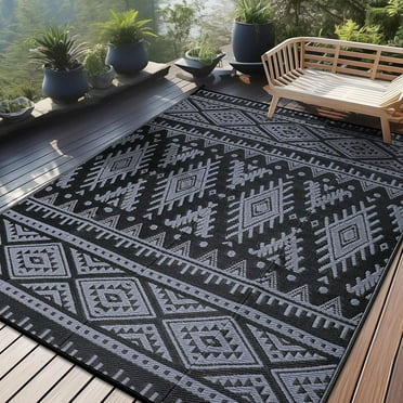 Outdoor Rug Waterproof 9x12 ft, Reversible Outdoor Plastic Straw Rug, Boho Patio Rug, Indoor Outdoor Carpet, RV Mat Outside for Patio, Camp, Picnic, Balcony, Deck, Backyard, Black & Grey